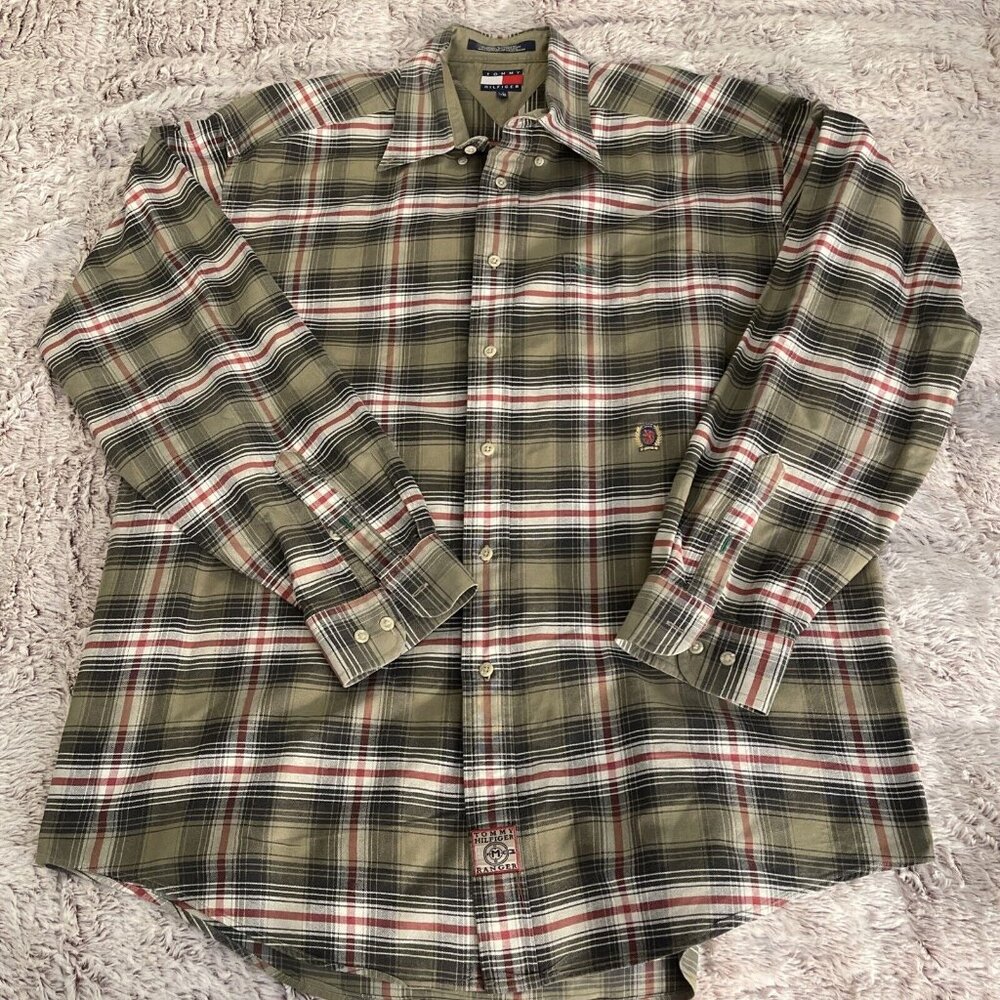 Tommy Hilfiger Pocket Logo Button Down Plaid Shirt Men’s L Long Sleeve Green